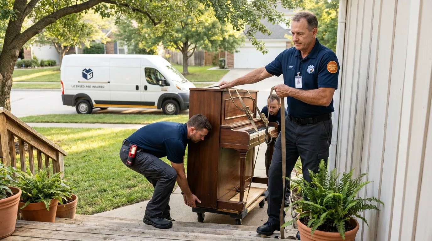 Licensed piano movers securing grand piano in Harrodsburg, KY