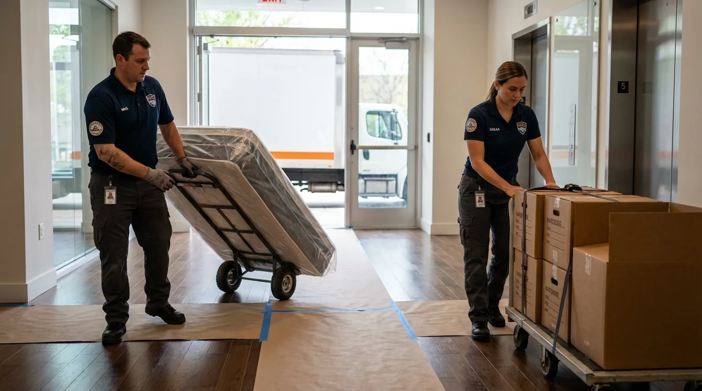Professional apartment movers loading elevator in Harrodsburg, KY